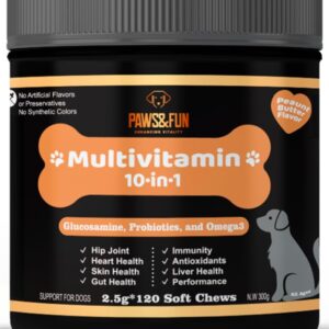 Paws&Fun – Dogs Supplement Multivitamin + Glucosamine for Hip & Joint + Probiotics for Digestion + Omega 3 Salmond Oil for Skin and Coat; 10 in 1 Chews (Peanut Butter 120ct)