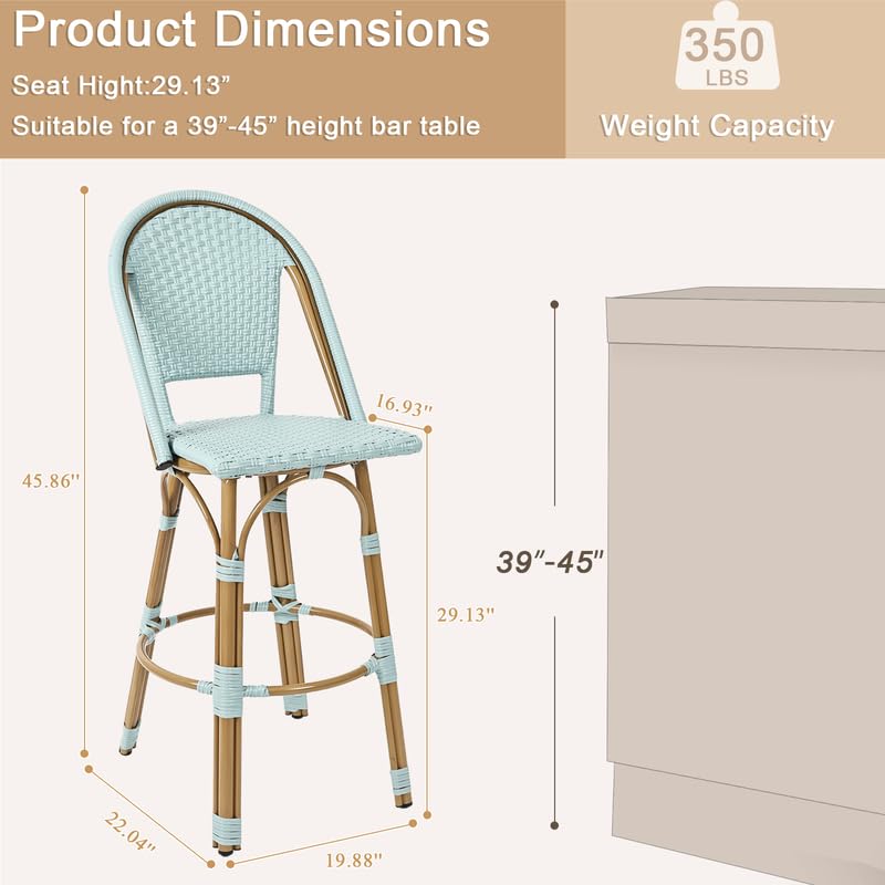 YOEEMZ Outdoor Bar Stools Set of 2 | 30 Inch Bar Height Rattan Patio Barstools with Back | Sturdy Aluminum Frame & Bamboo Finish | French Metal Chair, Powder Blue