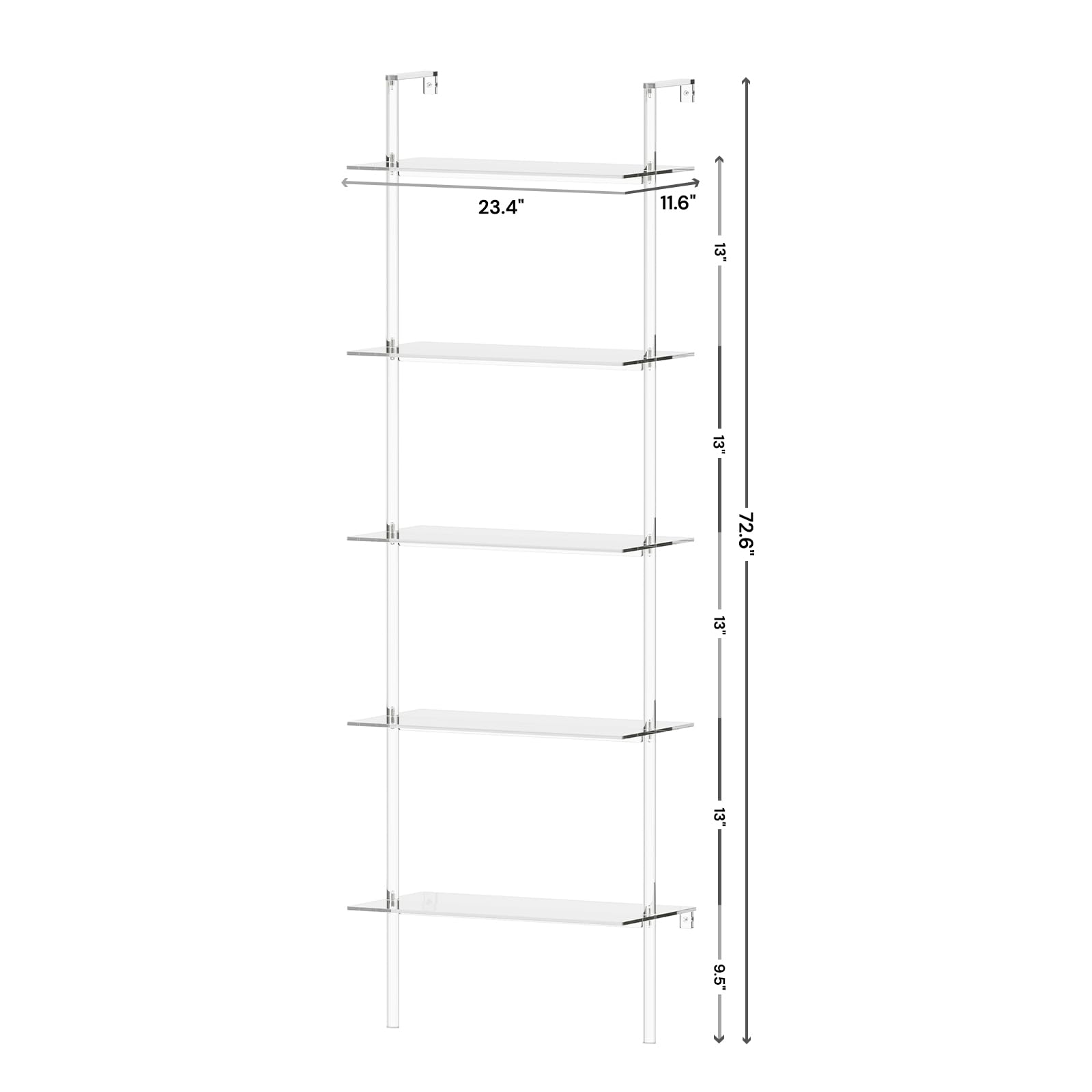 CRTERICX Acrylic Ladder Bookshelf, 5-Tier Clear Wall Mounted Bookshelf with Open Shelves, Multipurpose Bookcase for Living Room, Bathroom, Office, Modern, 11.6" D x 23.4" W x 72.6" H