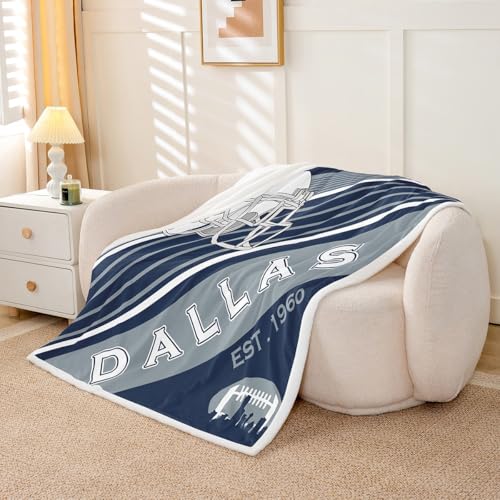 Erosebridal American Football Fleece Blanket, Fuzzy Blanket Throw Size, Sports Plush Bed Blanket, White Navy Blue Striped Throw Blanket for Men Husband Boyfriend Teenage Boys (Dallas)