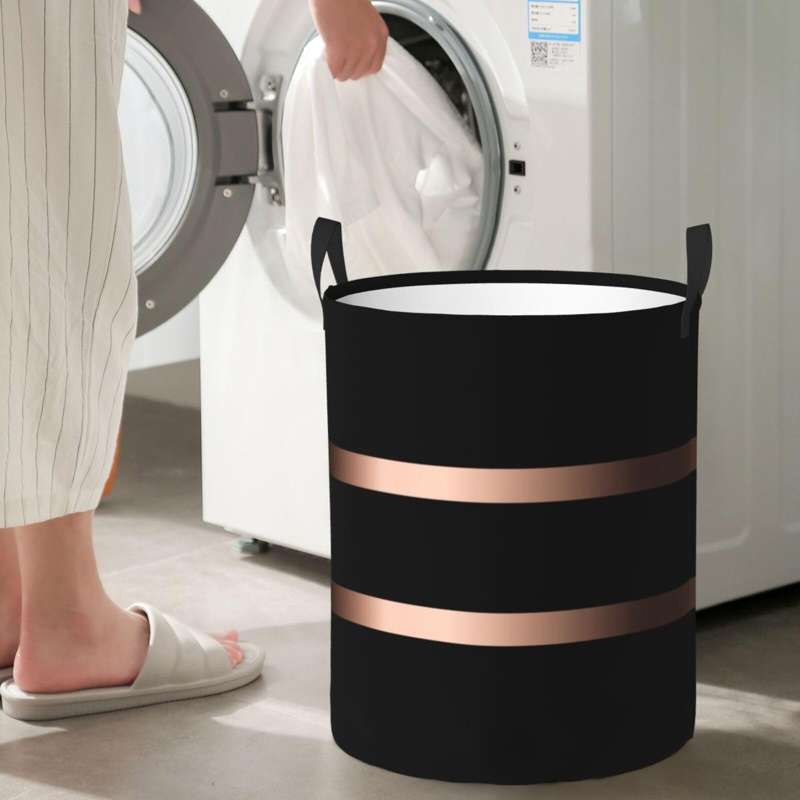 Large Laundry Basket, Black Rose Gold Laundry Hamper Bag 19.6" Collapsible Washing Bin With Handles for College Dorm, Family Essentials Storage