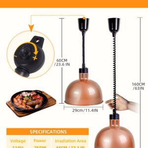 Hanging Food Heat Lamp: Commercial Food Warmer Hanging Heating Lamps with Infrared Bulb Warming Lamp for Food Service Restaurant Buffet, Height Adjustable (Dia.29cm/11.4in), Painted Copper