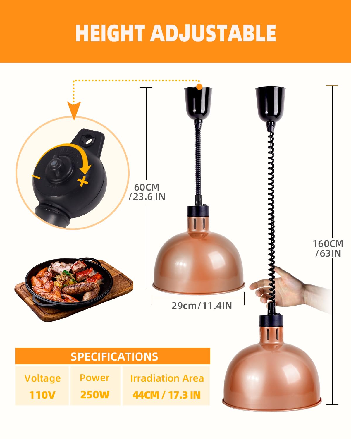 Hanging Food Heat Lamp: Commercial Food Warmer Hanging Heating Lamps with Infrared Bulb Warming Lamp for Food Service Restaurant Buffet, Height Adjustable (Dia.29cm/11.4in), Painted Copper