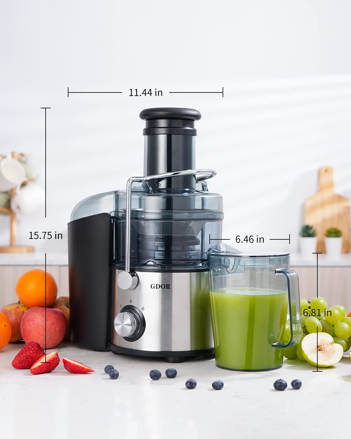 GDOR Powerful 1200W Juicer with Titanium Enhanced Cut Disc, Larger 3” Feed Chute Juicer Machines for Whole Fruits and Vegetables, Centrifugal Juicer with 40 oz. Juice Jug, BPA-Free, Easy to Clean, 3.0