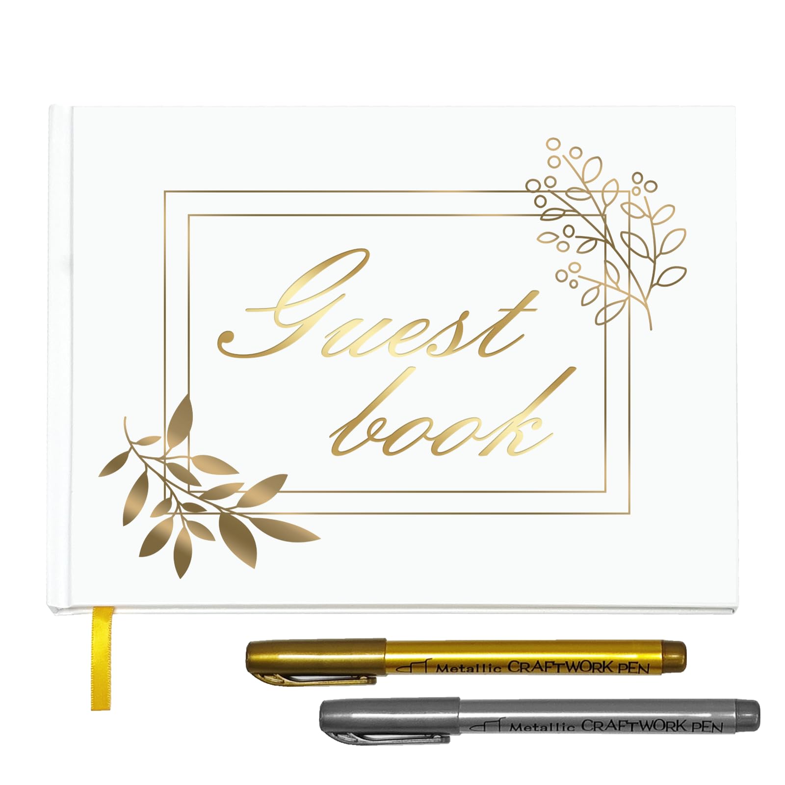 Gold Foil Leaves Wedding Guestbook,Gold Foil Hardcover for Wedding,Guestbook Wedding Reception with 2 Pens,9x7'' Personalized Wedding Guestbook ,Bridal Shower,Baby Shower,Graduation,Birthday,Party