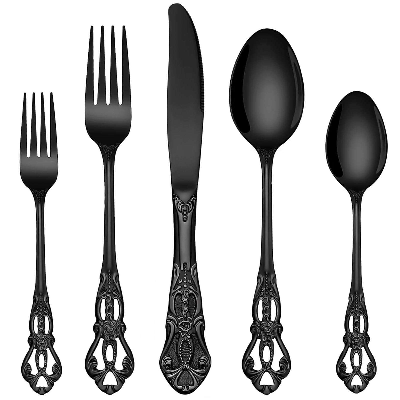 EUIRIO 40 Pieces Royal Silverware Set Black, Retro Flatware Set for 8, Stainless Steel Cutlery Set with Luxury Forks Spoons and Knives, Utensils Set Mirror Polished, Dishwasher Safe