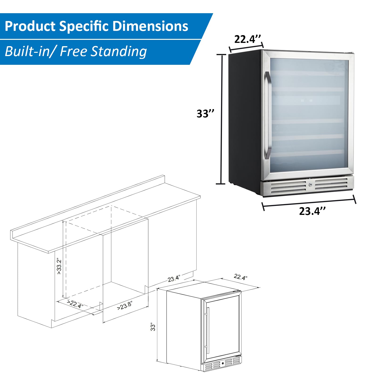 Upgraded 24 Inch Wine Cooler Refrigerator, 46 Bottle Dual Zone Wine Fridge, Built in or Freestanding Wine Cooler with Stainless Steel, Low Noise, Glass Door, Safety Lock, Temperature Memory Function