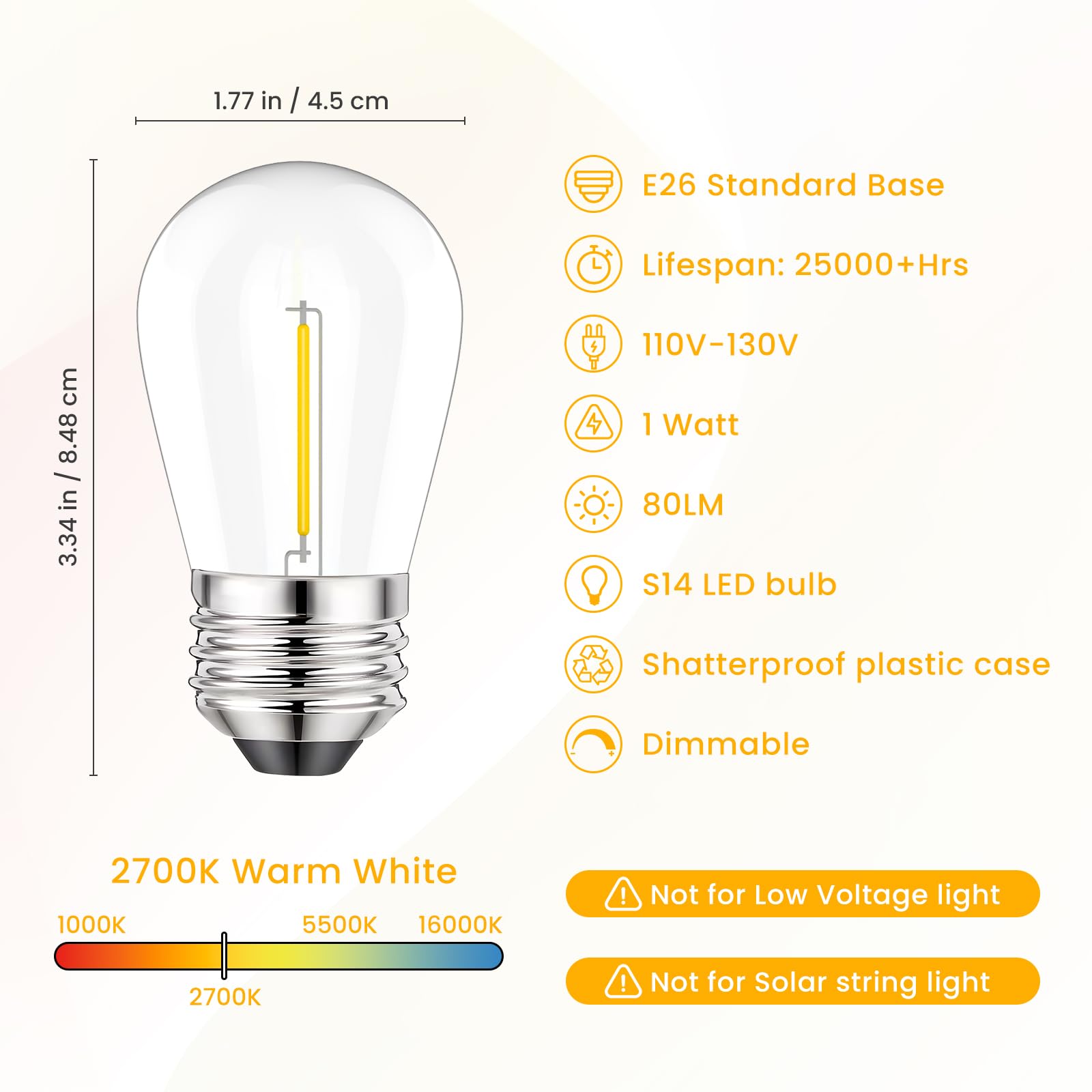 Svater Replacement Bulbs for Outdoor String Lights, 15 Pack S14 LED Bulbs for Patio, E26 Base 1W Bulb Equal to 11W Incandescent, Dimmable,Shatterproof 2700K Warm White