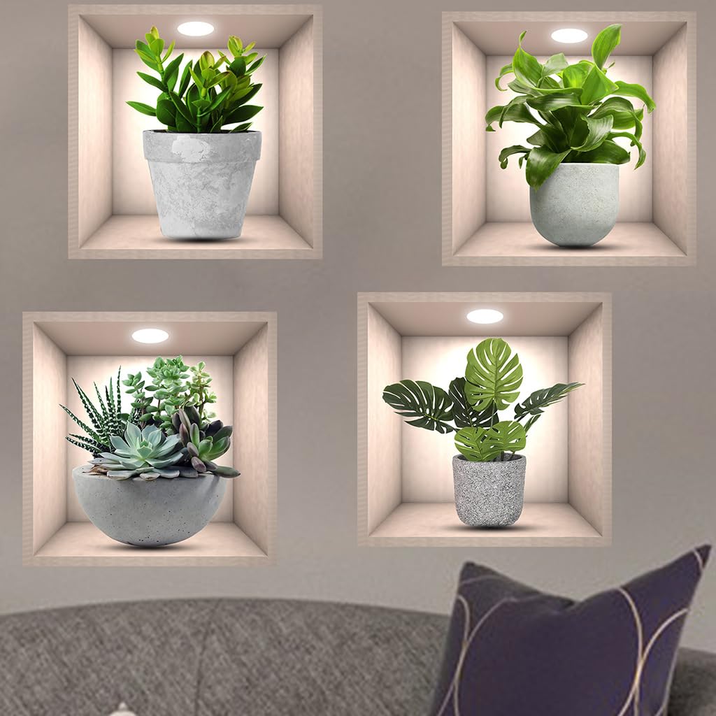 3D Green Plants Wall Sticker,4pcs 3D Vases Flower Wall Stickers Decals for Living Room Bedroom Kitchen Decor,3D Green Pot Plant Succulent Stickers(3D Plants)