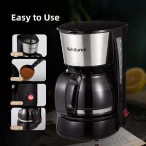 Nehilumn 4 Cup Drip Coffee Maker, Coffee Pot Machine Permanent Coffee Filter, Small Coffee Maker,20Oz Electric Coffee Maker,650W Black and Stainless Steel