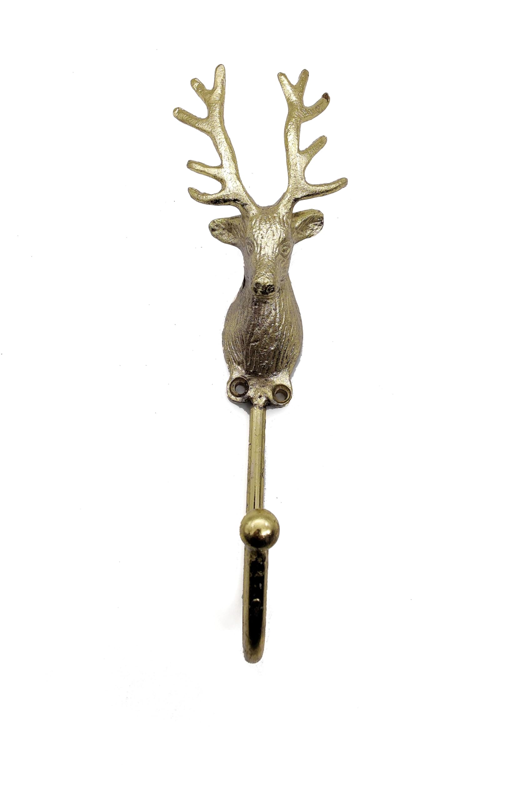 5MOONSUN5 Vintage Deer Head Coat Hook, Heavy Duty Antique Brass, Wall Mounted Animal Collection Deer Single Coat Hook Clothes Rack Wall Hanger, Polish Finish