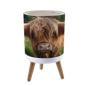 lgcznwdfhtz small trash can with lid for bathroom kitchen office funny hairy cow highland cattle close up garbage bin waste basket decorative 1.8 gallons, 14x9inch