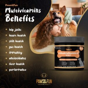 Paws&Fun – Dogs Supplement Multivitamin + Glucosamine for Hip & Joint + Probiotics for Digestion + Omega 3 Salmond Oil for Skin and Coat; 10 in 1 Chews (Peanut Butter 120ct)