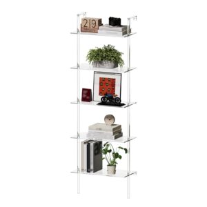 crtericx acrylic ladder bookshelf, 5-tier clear wall mounted bookshelf with open shelves, multipurpose bookcase for living room, bathroom, office, modern, 11.6" d x 23.4" w x 72.6" h