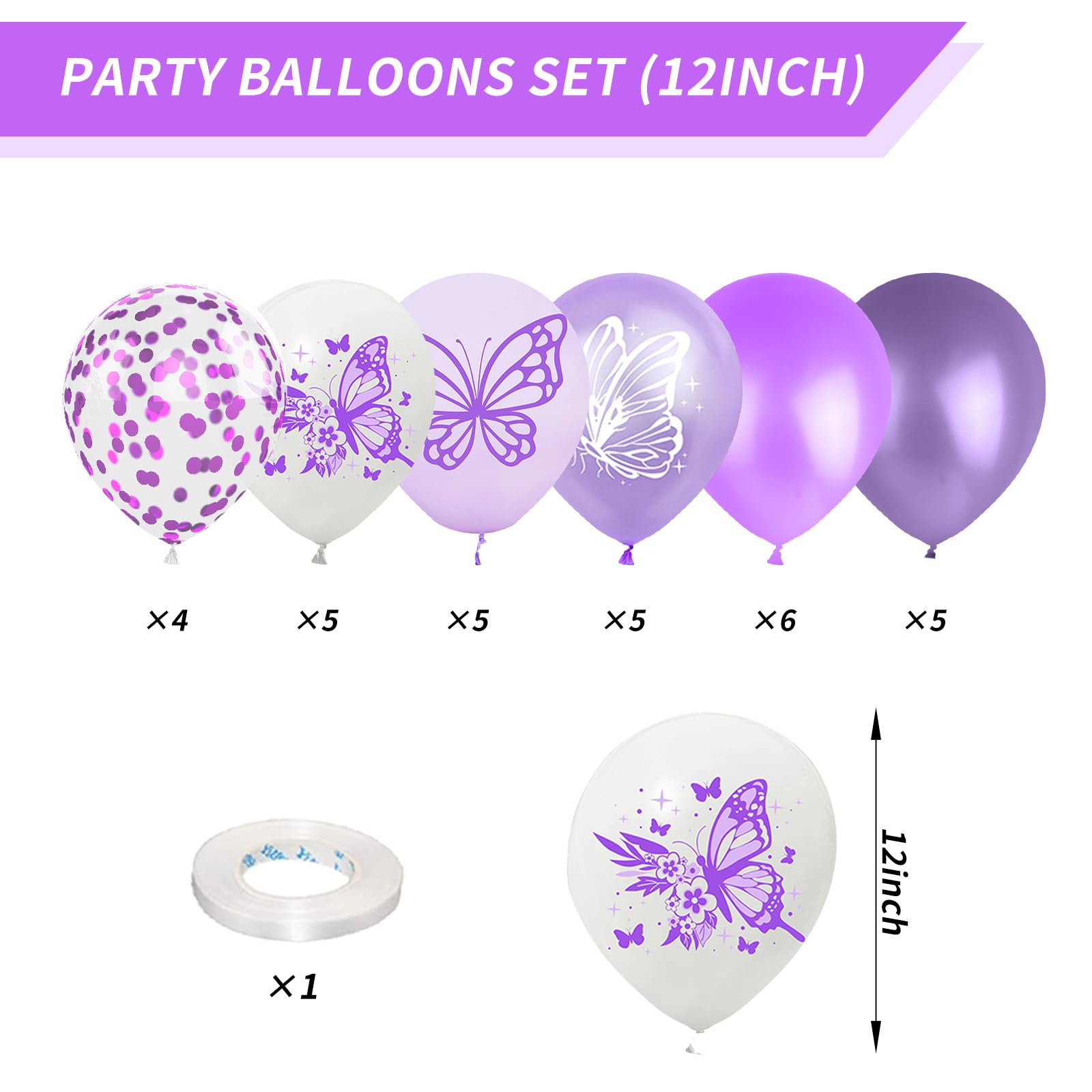 Butterfly Balloons, 12 Inches Butterfly Print Purple and White Latex Balloons Butterfly Patterns for Girls Women Weeding Baby Shower Birthday Party Decorations Activities Graduation