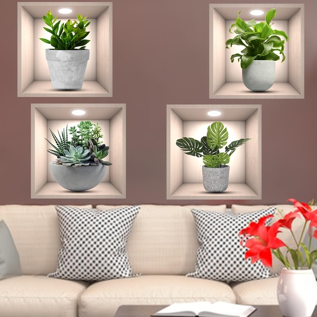 3D Green Plants Wall Sticker,4pcs 3D Vases Flower Wall Stickers Decals for Living Room Bedroom Kitchen Decor,3D Green Pot Plant Succulent Stickers(3D Plants)