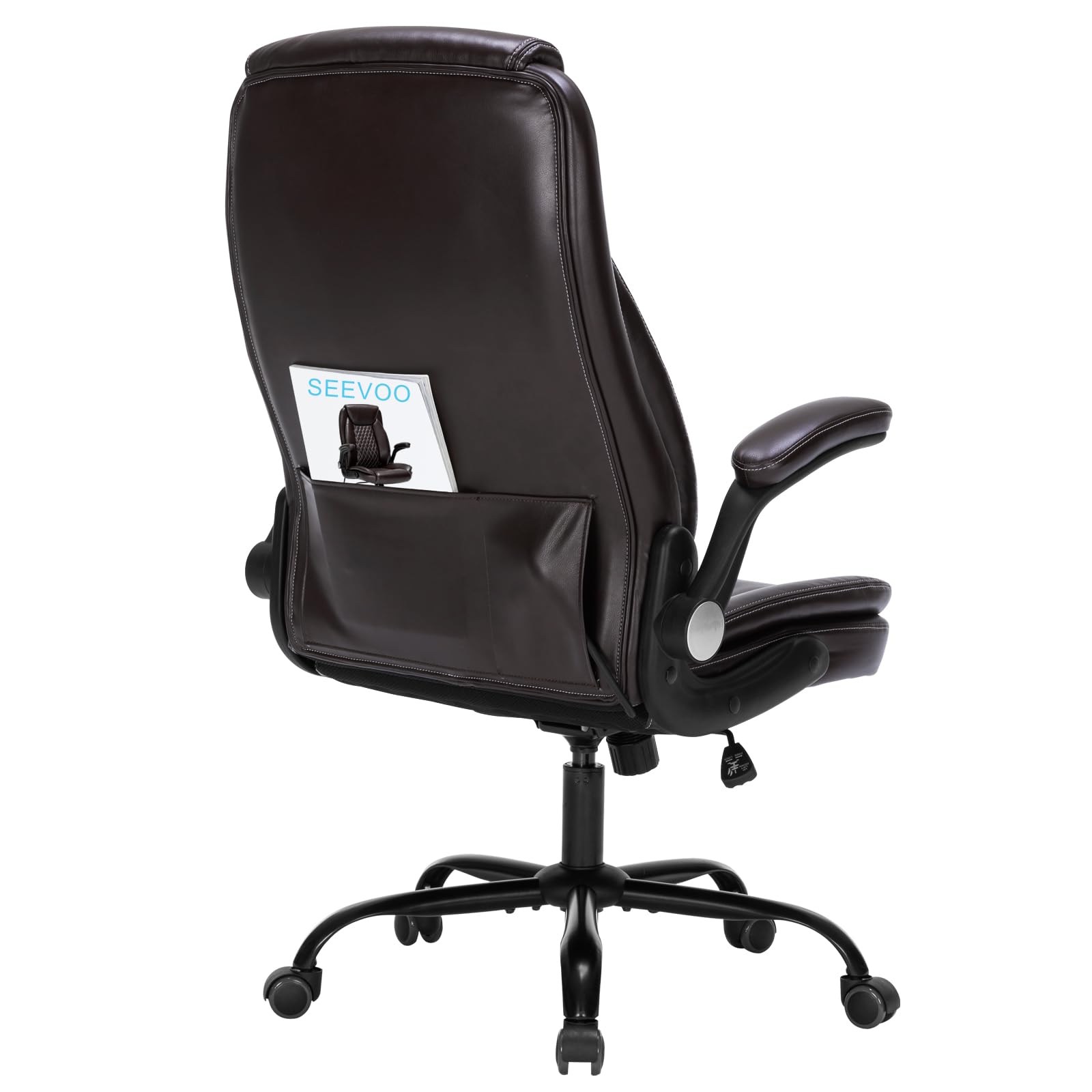 Seevoo Office Chair Desk Chair High Back Computer Chair - Adjustable Lumbar Support with Flip-Up Arms PU Leather Chair with Spring Cushion