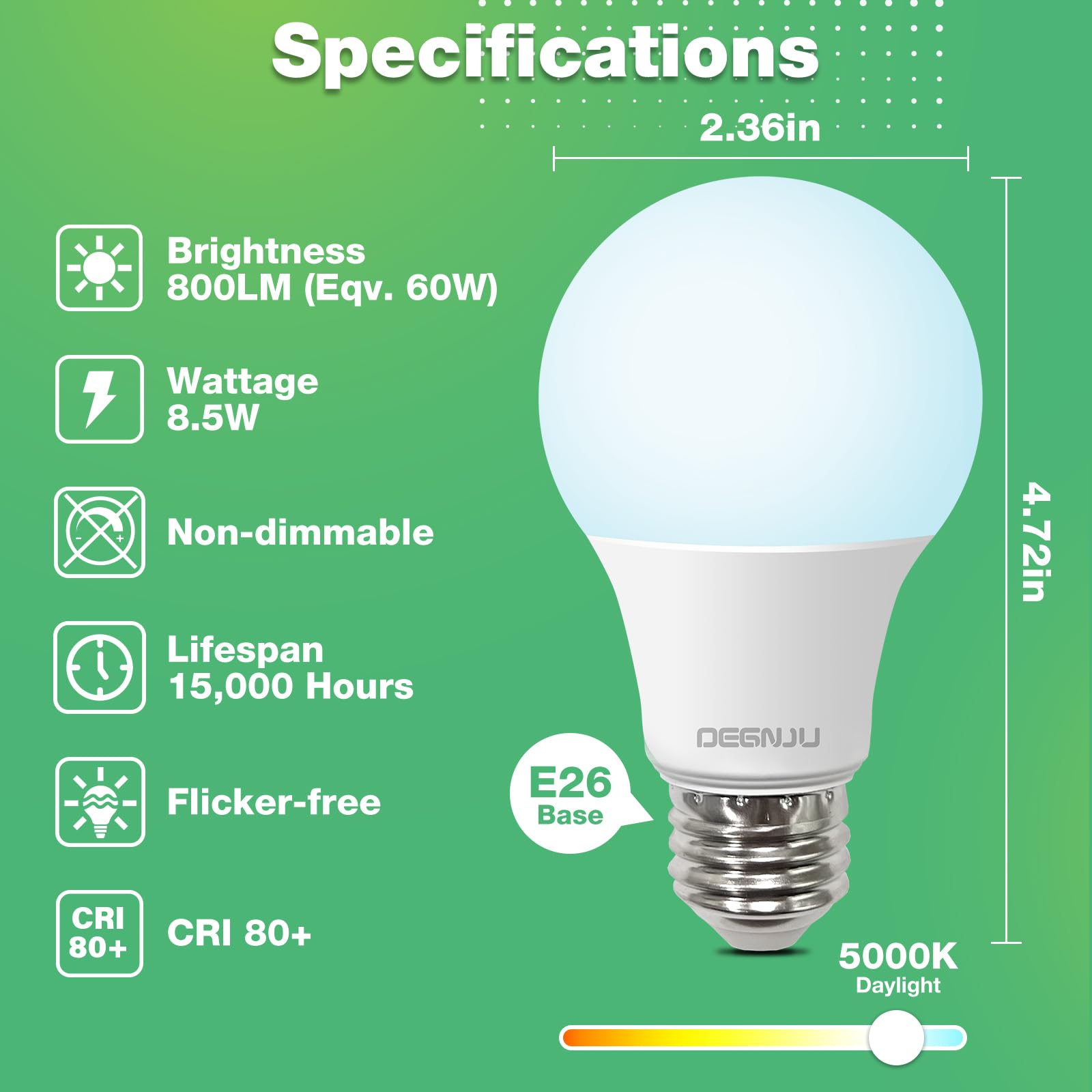 DEGNJU LED Light Bulbs Daylight 5000K, 60 Watt Equivalent LED Bulbs, A19 Standard Bulbs, 800 LM, 15000 Hours, E26 Base, Non-Dimmable, 8.5W LED Bulbs for Bedroom Living Room 24 Pack