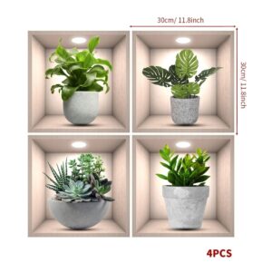 3D Green Plants Wall Sticker,4pcs 3D Vases Flower Wall Stickers Decals for Living Room Bedroom Kitchen Decor,3D Green Pot Plant Succulent Stickers(3D Plants)