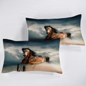 YAHFSHUILU Horse Duvet Cover Sets 3Pcs 3D Print Comforter Cover Running Horse Under Dark Clouds Cover with Zipper Closure Brown Pattern Horse Quilt Cover with 2 Pillow Shams,Full Size