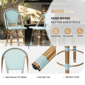 YOEEMZ Outdoor Bar Stools Set of 2 | 30 Inch Bar Height Rattan Patio Barstools with Back | Sturdy Aluminum Frame & Bamboo Finish | French Metal Chair, Powder Blue