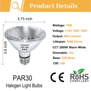 Ivyemons PAR30 Short Neck Halogen 75W - 6 Pack PAR30 Flood Light Bulbs E26 Base, PAR30 Dimmable 2800K Warm White, Long Lasting PAR30 Halogen Bulb for Accent Lighting, Tracking Light, Recessed Light