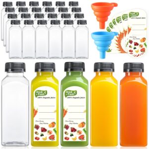 24 pack, 12 oz reusable plastic juice bottles with caps, plus 24 labels & 2 silicone funnels - clear juicing bottles for juice, smoothies, ginger, tea, coffee - food grade & leakproof travel bottles