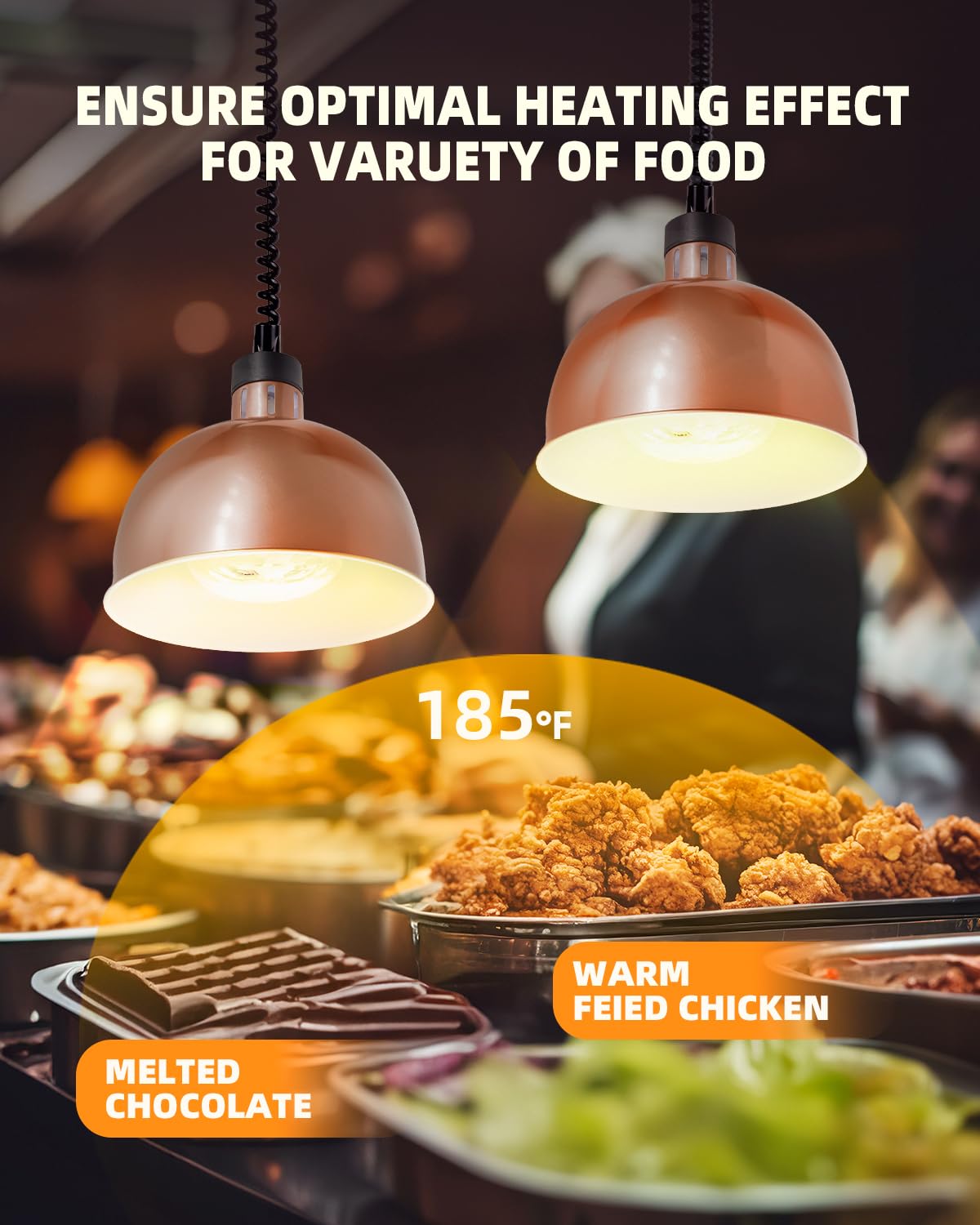 Hanging Food Heat Lamp: Commercial Food Warmer Hanging Heating Lamps with Infrared Bulb Warming Lamp for Food Service Restaurant Buffet, Height Adjustable (Dia.29cm/11.4in), Painted Copper