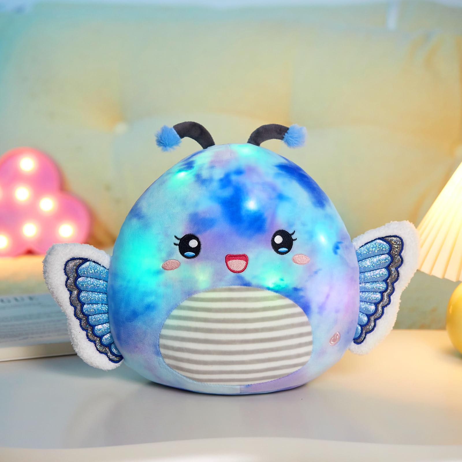 Houwsbaby 12” Blue Light Up Butterfly Plush Pillow with LED Blue Butterfly Stuffed Animal Plush Toy Plushie Toy Squishy Pillow Birthday Christmas Valentine Presents for Kids Boys Girls