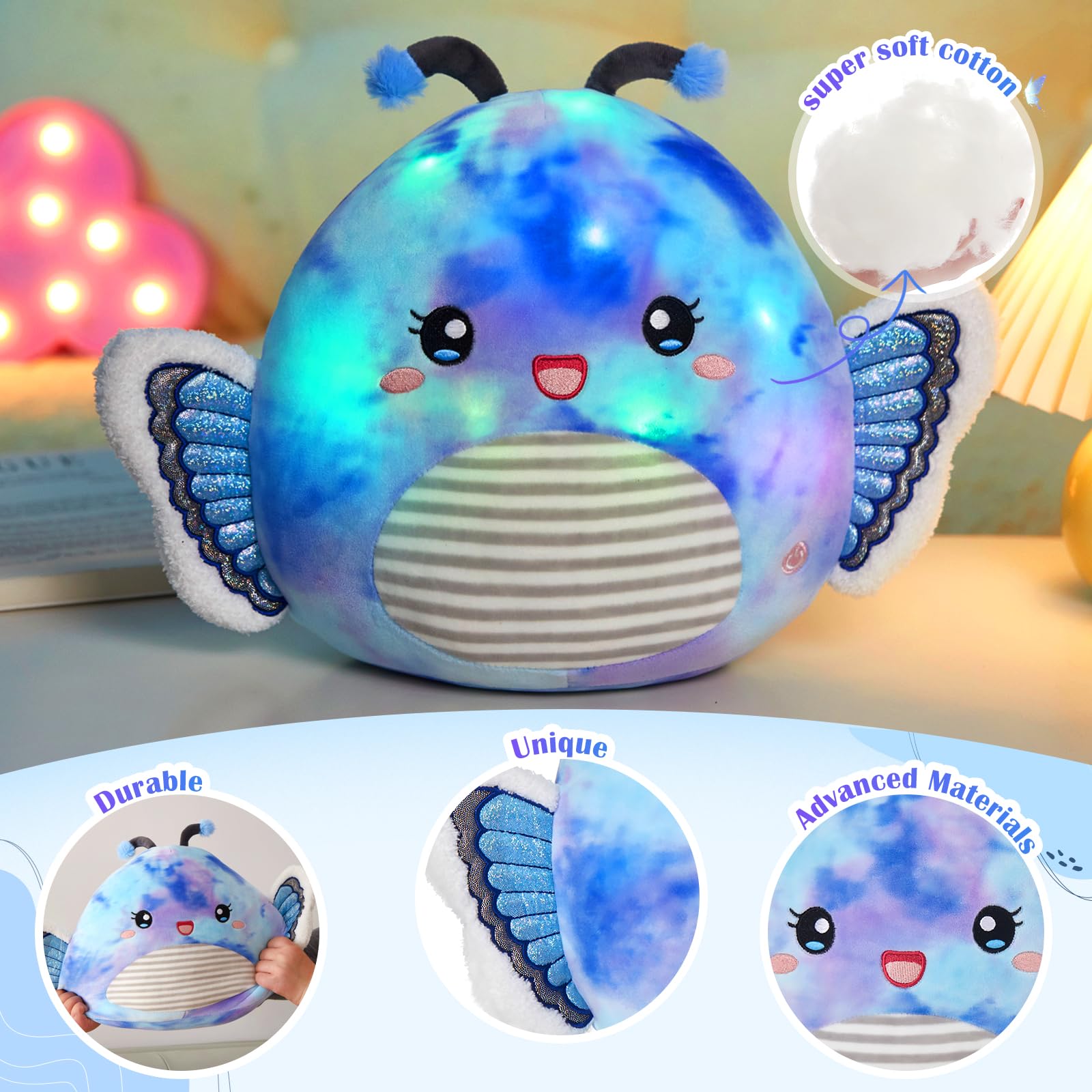 Houwsbaby 12” Blue Light Up Butterfly Plush Pillow with LED Blue Butterfly Stuffed Animal Plush Toy Plushie Toy Squishy Pillow Birthday Christmas Valentine Presents for Kids Boys Girls