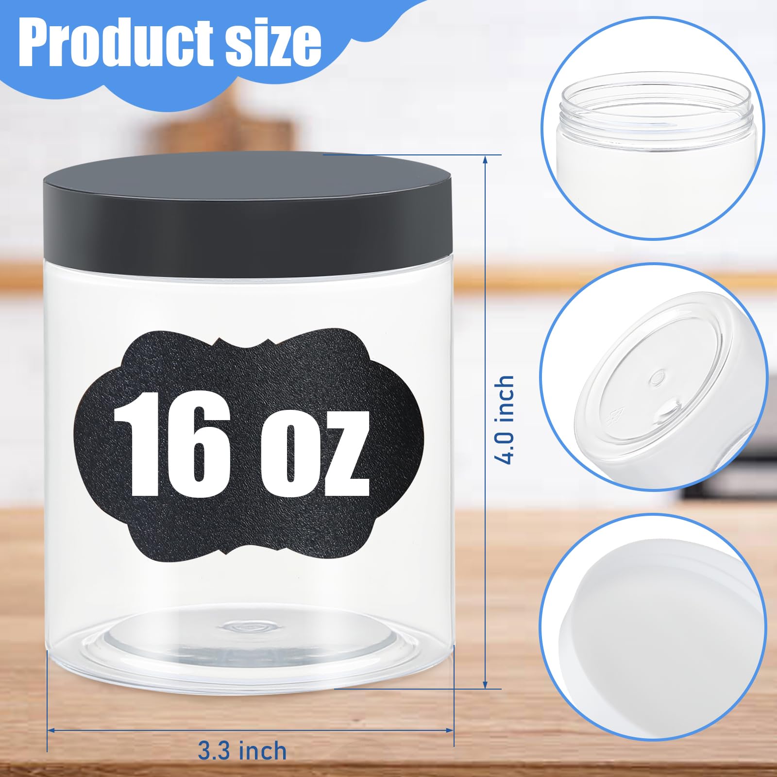 Plastic Jars with Lids, 16 oz Plastic Containers with Lids Clear Airtight Container Storage Jar Mason Jars for Dry Food Peanut Butter Honey Jam Cosmetics, Pack of 16 (16 PCS Black Lids)