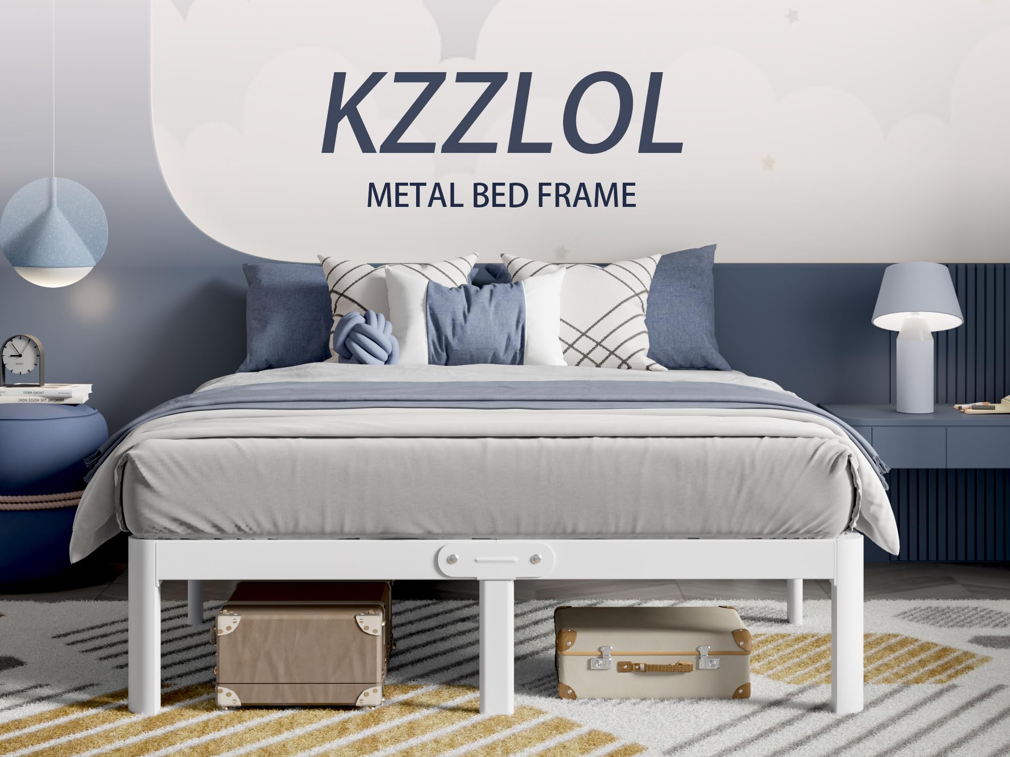 KZZLOL White Bed Frame Queen Size 16 Inch, Metal Queen Bed Frame No Box Spring Needed, Heavy Duty Steel Support 3500 LBS, DIY Headboard, Noiseless, Round Corner Legs, Storage Space, Easy Assembly