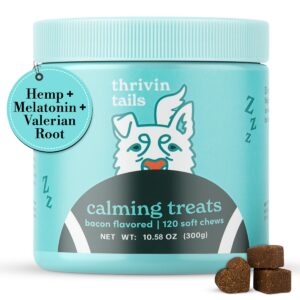 thrivin tails- dog calming chews- dog anxiety relief- dog calming treats- melatonin for dogs-separation anxiety relief for dogs- dog calming treats,