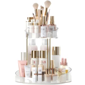 xing zhong rotating makeup organizer, 2 tier spinning makeup countertop organizer for vanity with makeup brush holder, large skincare make up storage perfume organizers for bathroom counter