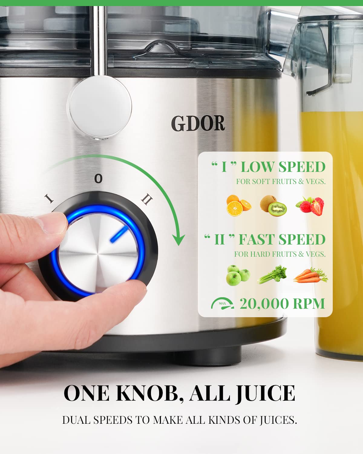 GDOR Powerful 1200W Juicer with Titanium Enhanced Cut Disc, Larger 3” Feed Chute Juicer Machines for Whole Fruits and Vegetables, Centrifugal Juicer with 40 oz. Juice Jug, BPA-Free, Easy to Clean, 3.0