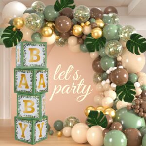 sage green baby shower decorations, 4pcs baby boxes with letters & 133pcs sage green brown balloon arch kit & 6pcs palm leaves for boy girl boho neutral safari gender reveal birthday supplies