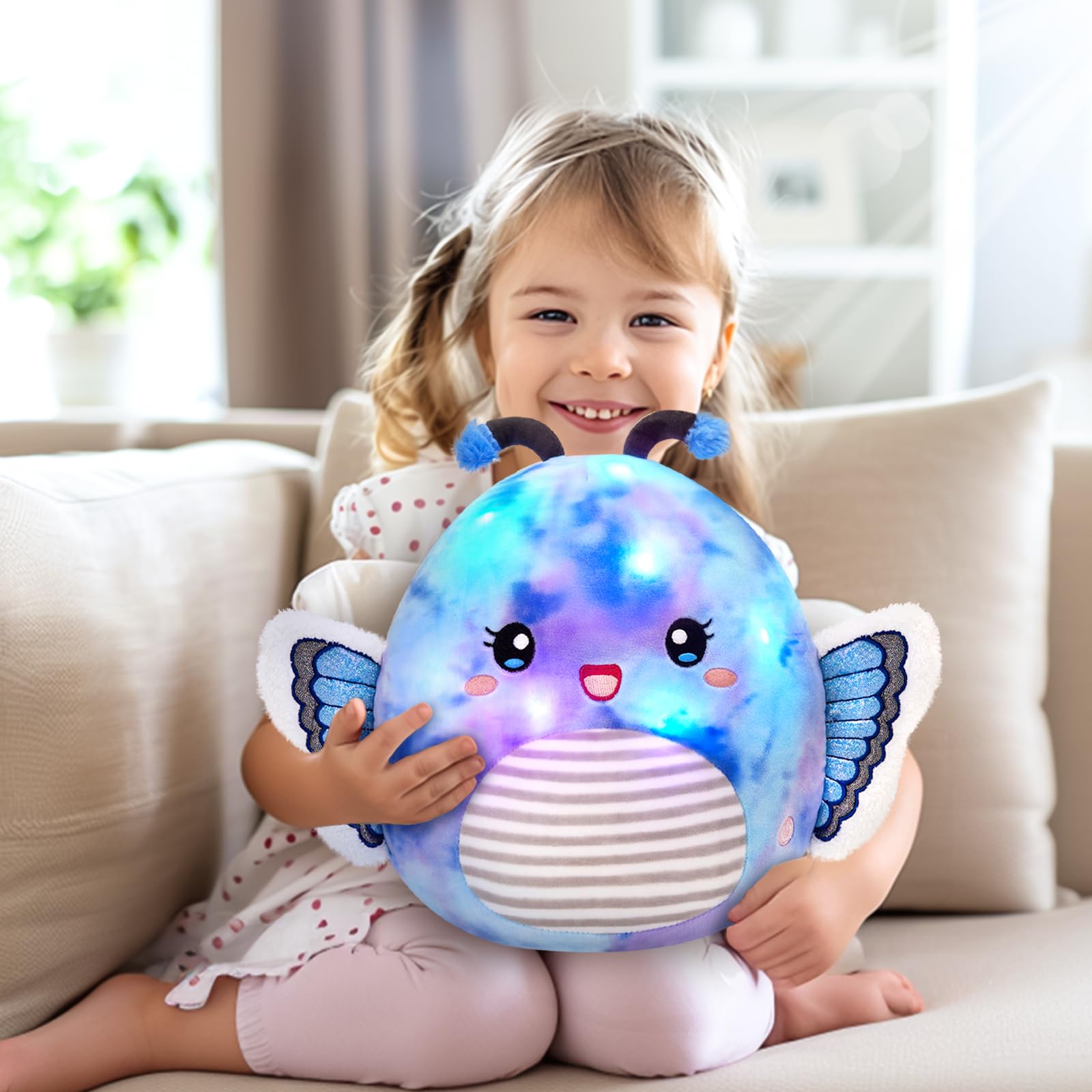 Houwsbaby 12” Blue Light Up Butterfly Plush Pillow with LED Blue Butterfly Stuffed Animal Plush Toy Plushie Toy Squishy Pillow Birthday Christmas Valentine Presents for Kids Boys Girls