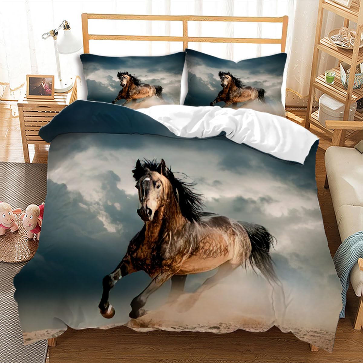 YAHFSHUILU Horse Duvet Cover Sets 3Pcs 3D Print Comforter Cover Running Horse Under Dark Clouds Cover with Zipper Closure Brown Pattern Horse Quilt Cover with 2 Pillow Shams,Full Size