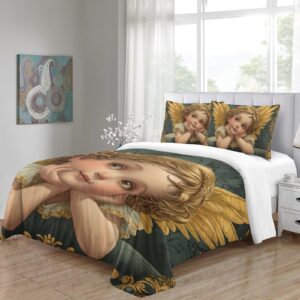 SorEci Cherubs 3pcs 3D Bedding Set Golden Wings Duvet Cover Set Bed Printed Quilt Cover Bed Linens with 2 Pillowcases with Zipper All Season Queen（228x228cm）, Style-3