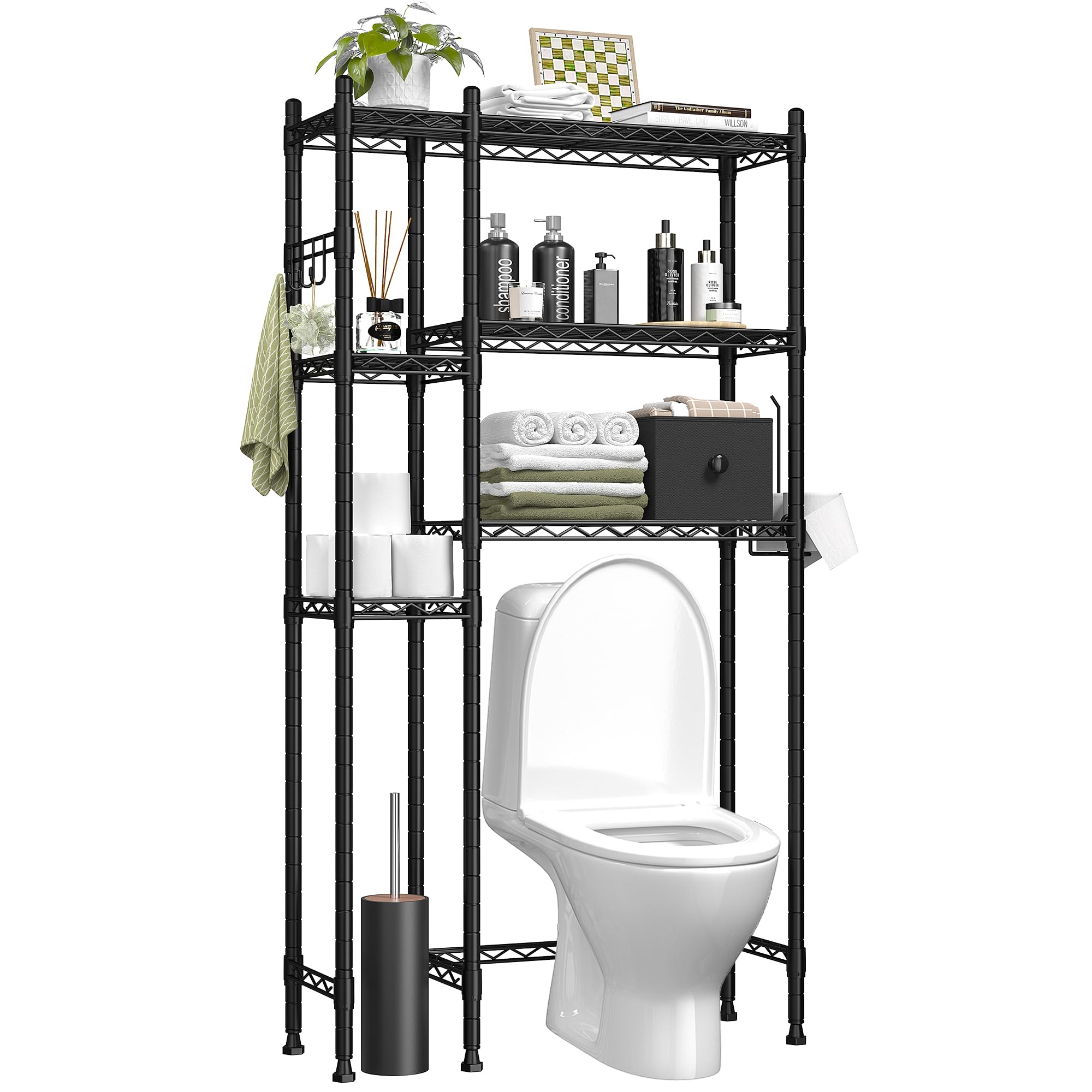 REIBII Over Toilet Storage with Drawer Over The Toilet Storage Shelf 3 Tier Over The Toilet Cabinet Over Toilet Bathroom Storage Bathroom Shelves with Towel Hook,Tissue Holder,Sturdy,Space-Saving