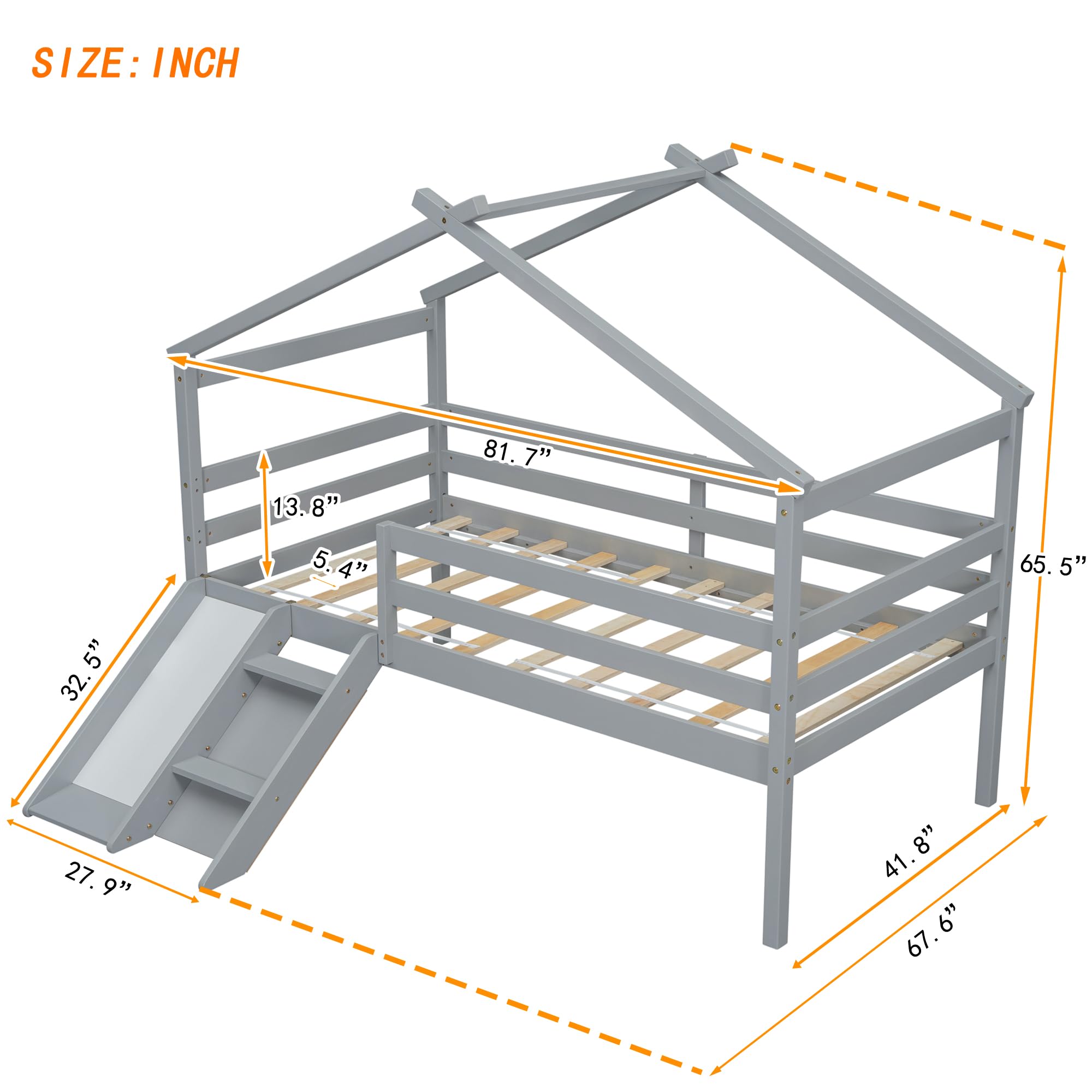 XD Designs Twin Size Low Loft Bed with Slide and Ladder for Kids Boys Girls, Solid Wood Loft Bed Frame with Safety Guardrails and Roof, Sturdy Slat Support, Playhouse Design (Grey-Roof)