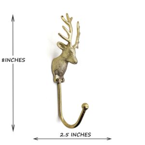 5MOONSUN5 Vintage Deer Head Coat Hook, Heavy Duty Antique Brass, Wall Mounted Animal Collection Deer Single Coat Hook Clothes Rack Wall Hanger, Polish Finish