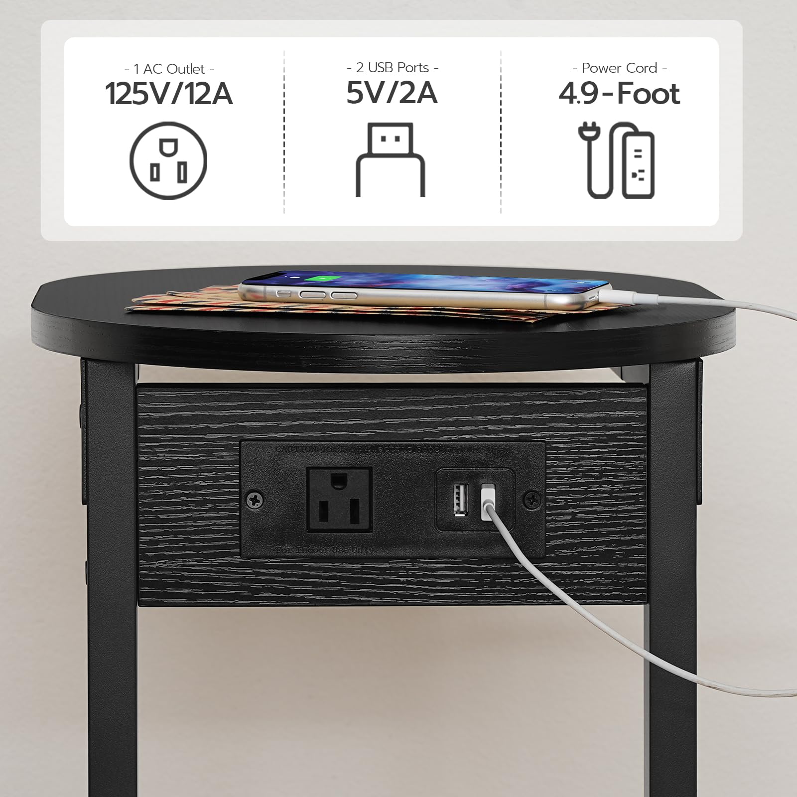 HOOBRO C Shaped End Table with Charging Station, Round Couch Side Table, TV Tray Slide Under Sofa Table with Metal Frame for Small Spaces, Living Room and Bedroom, Black BB18USF01