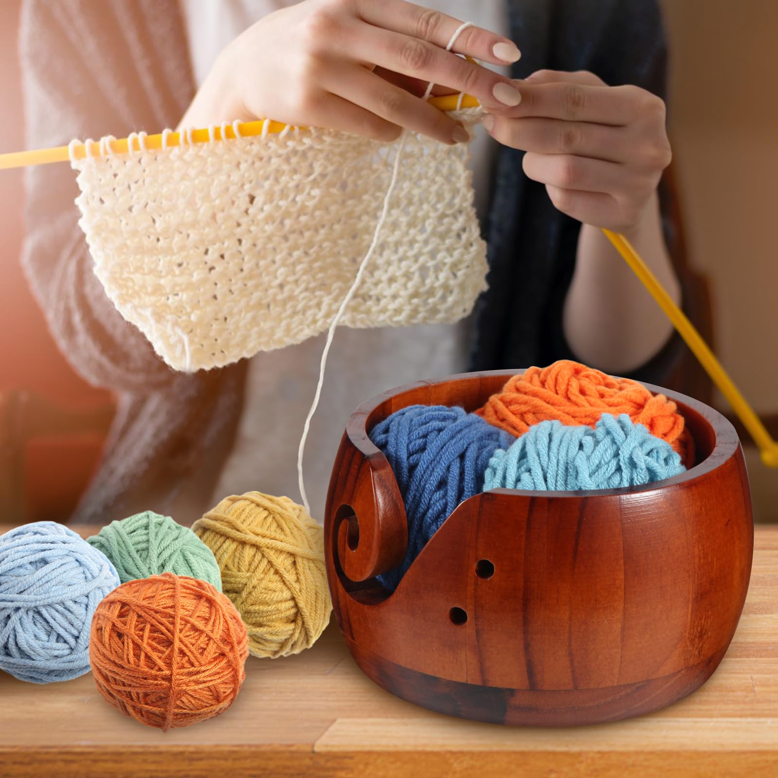 Wooden Yarn Bowl,Crochet Bowl with Lid,Knitting Yarn Bowls with Holes, Yarn Storage Bowl Handmade Craft with Storagebag for DIY Knitting Crocheting