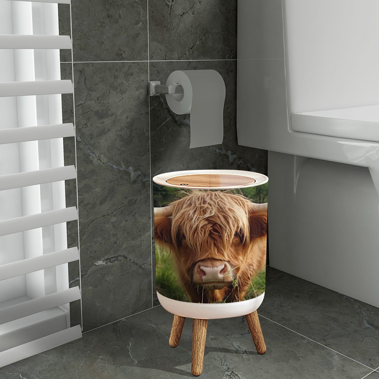 LGCZNWDFHTZ Small Trash Can with Lid for Bathroom Kitchen Office Funny Hairy Cow Highland Cattle Close up Garbage Bin Waste Basket Decorative 1.8 gallons, 14x9inch