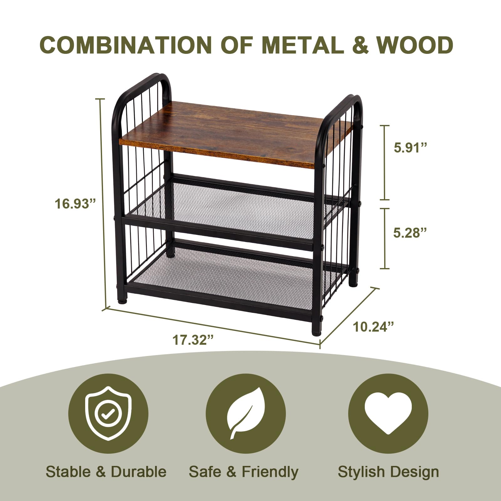 BWOORACKU Shoe Rack, 3-Tier Shoe Organizer with Guardrails, Heavy-Duty Metal Mesh Shelves & Rustic Wooden Top for Stylish Closet & Front Door Storage