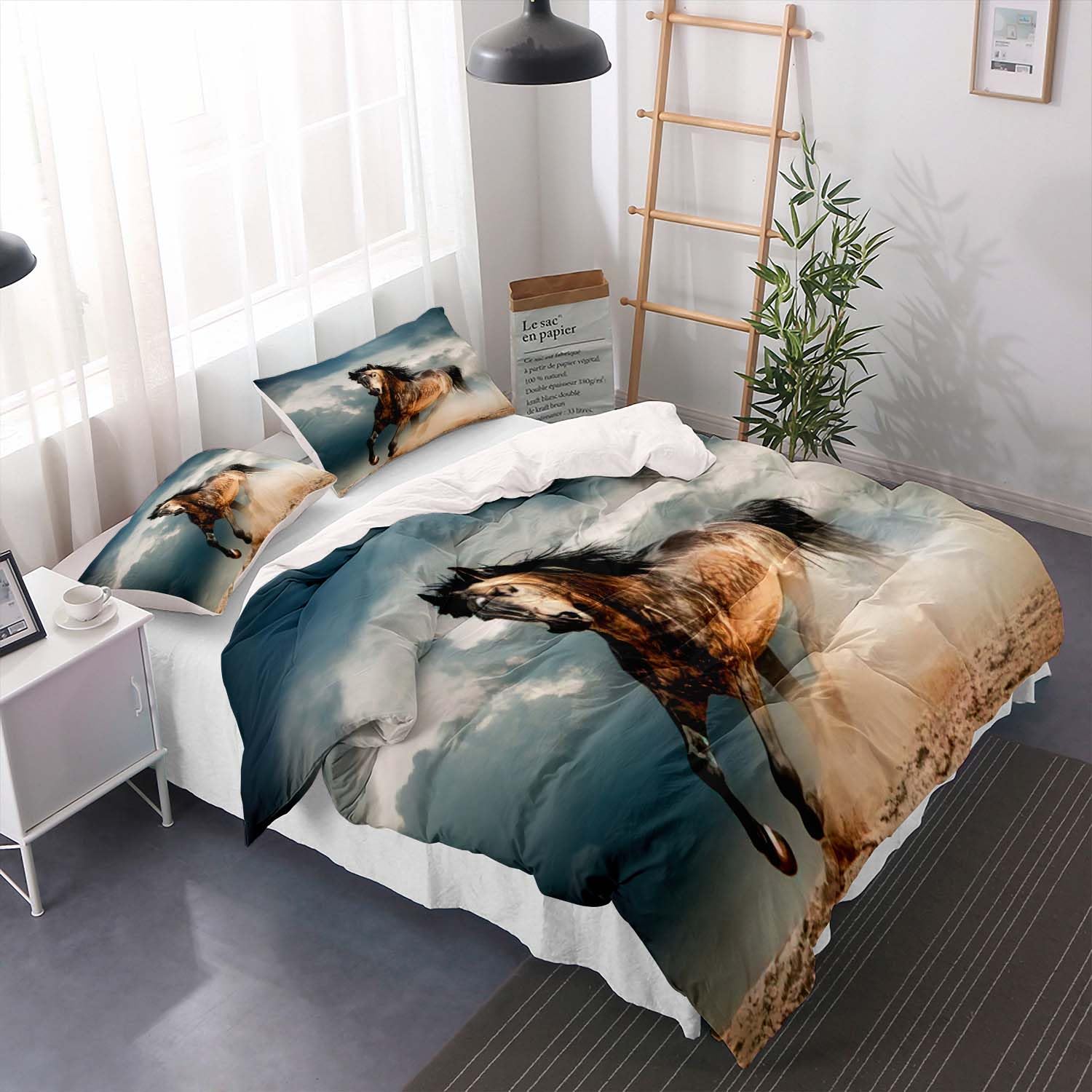 YAHFSHUILU Horse Duvet Cover Sets 3Pcs 3D Print Comforter Cover Running Horse Under Dark Clouds Cover with Zipper Closure Brown Pattern Horse Quilt Cover with 2 Pillow Shams,Full Size