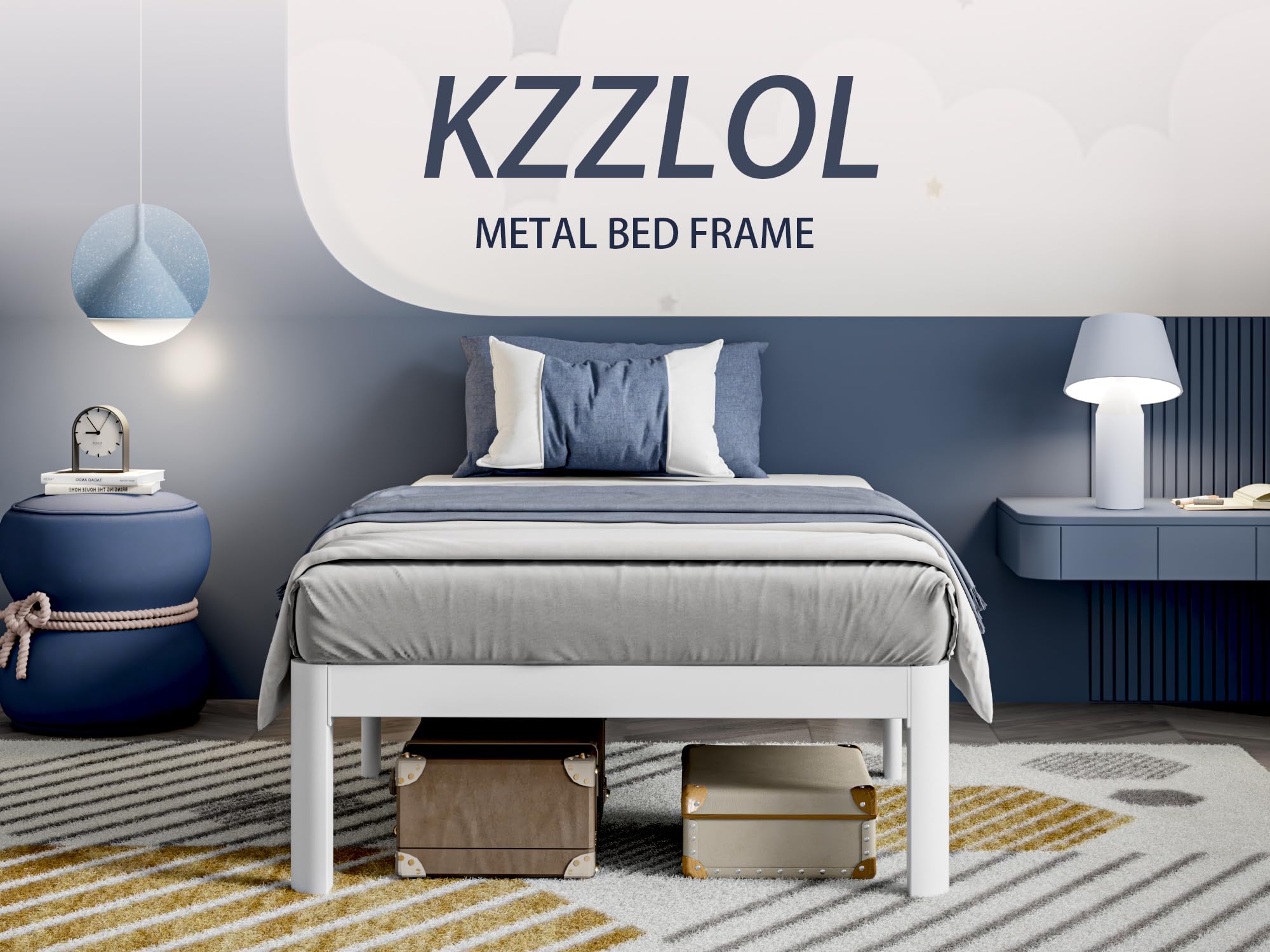 KZZLOL White Twin Size Bed Frames 12 Inch, Metal Platform Twin Bed Frame No Box Spring Needed, Heavy Duty Steel Support 3500 LBS, DIY Headboard, Round Legs, Noiseless, Storage Space, Easy Assembly