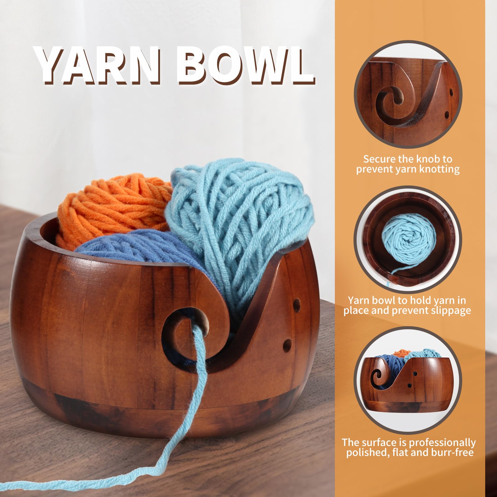 Wooden Yarn Bowl,Crochet Bowl with Lid,Knitting Yarn Bowls with Holes, Yarn Storage Bowl Handmade Craft with Storagebag for DIY Knitting Crocheting