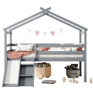 XD Designs Twin Size Low Loft Bed with Slide and Ladder for Kids Boys Girls, Solid Wood Loft Bed Frame with Safety Guardrails and Roof, Sturdy Slat Support, Playhouse Design (Grey-Roof)